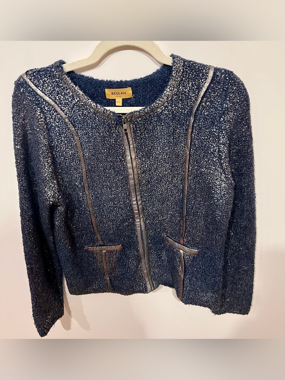 Beulah Tweed Zip Jacket Navy Blue Metallic Thread Cropped BlazerChic Structured - Picture 4 of 8